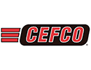 A logo with the word 'CEFCO' in red letters. It is outlined in white and placed over a black rectangle. To the left of it are three horizontal lines, outlined in black.
