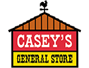 A logo with a triangle over a rectangle so that it looks like a roof over a house. The roof is brown and the rectangle is made of two smaller rectangles, red and yellow. Over it says 'Casey's General Store'.