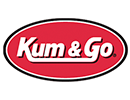 A logo of the words 'Kum & Go' in white lettering with a small trademark symbol. It is placed on top of a red oval that is outlined in white and then black.