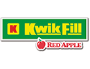 A logo of the words 'Kwik Fill' in yellow lettering and underlined. Next to it is a red 'k' over a yellow background. All of this is over a green rectangle outlined in white and then a black drop shadow. Below it is a small red apple next to the text 'Red Apple' that is outlined in a similar style.