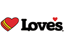 A logo that says Love's. There are four red, orange, and yellow hearts before the text and the apostrophe is a small red heart.