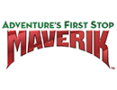 A logo that says 'Adventure's First Stop'. This is all in green. Below it says 'Maverik' in red and all caps. It is stylized in a way so 'Maverik' is arcing upward.
