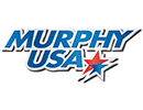 A logo with the text 'MURPHY USA' in a blue gradient color. It is outlined in white and then again in black. On the bottom right are two red and blue stars that are outlined in a similar style.