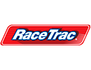 A logo with the words Race Trac written in white with a dark blue outline. It is superimposed on top of a rectangular, red background