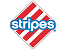 A logo with the word 'stripes' in white letters and a blue outline is placed on top of a red and white diamond composed of diagonal stripes.