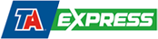 A logo with the letters 'T' and 'A' placed right next to each over where the 'T' slightly overlaps with the 'A'. The 'T' is a dark blue and the 'A' in in red. There is a small trademark symbol on the bottom right. This is all in a navy blue box. Next to that box is a green box with the word 'Express' in all caps and white letters.