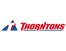 A logo of the word 'Thorntons' in red and all caps and a blue underline. To the left of it is a blue triangle with a white 'T' superimposed on top. The 'T' has a red drop shadow.